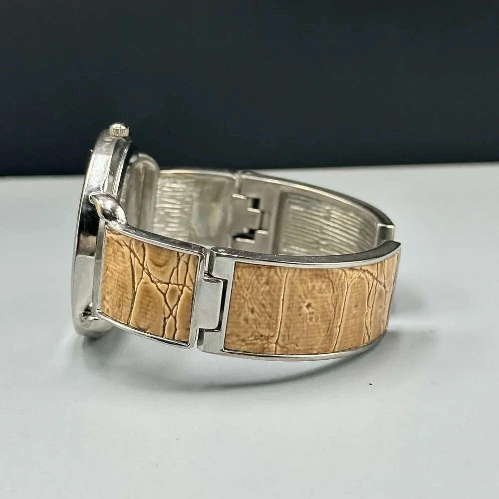 3/$30 Silver Tone Women Cuff Watch Rhinestone Bezel Arabic Numerals Works 7